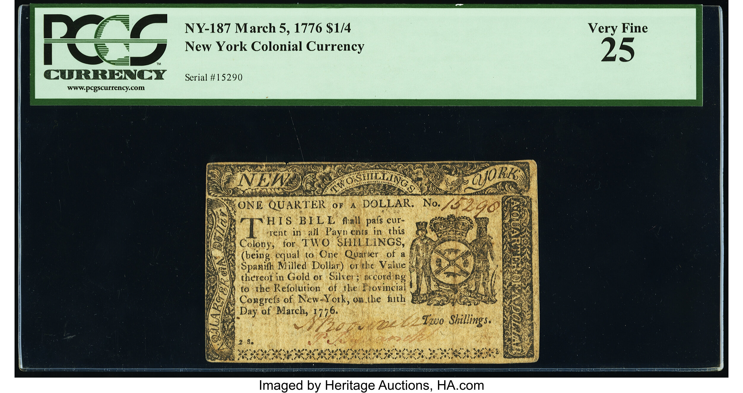 image for: New York March 5, 1776 $1/4 PCGS Very Fine 25....