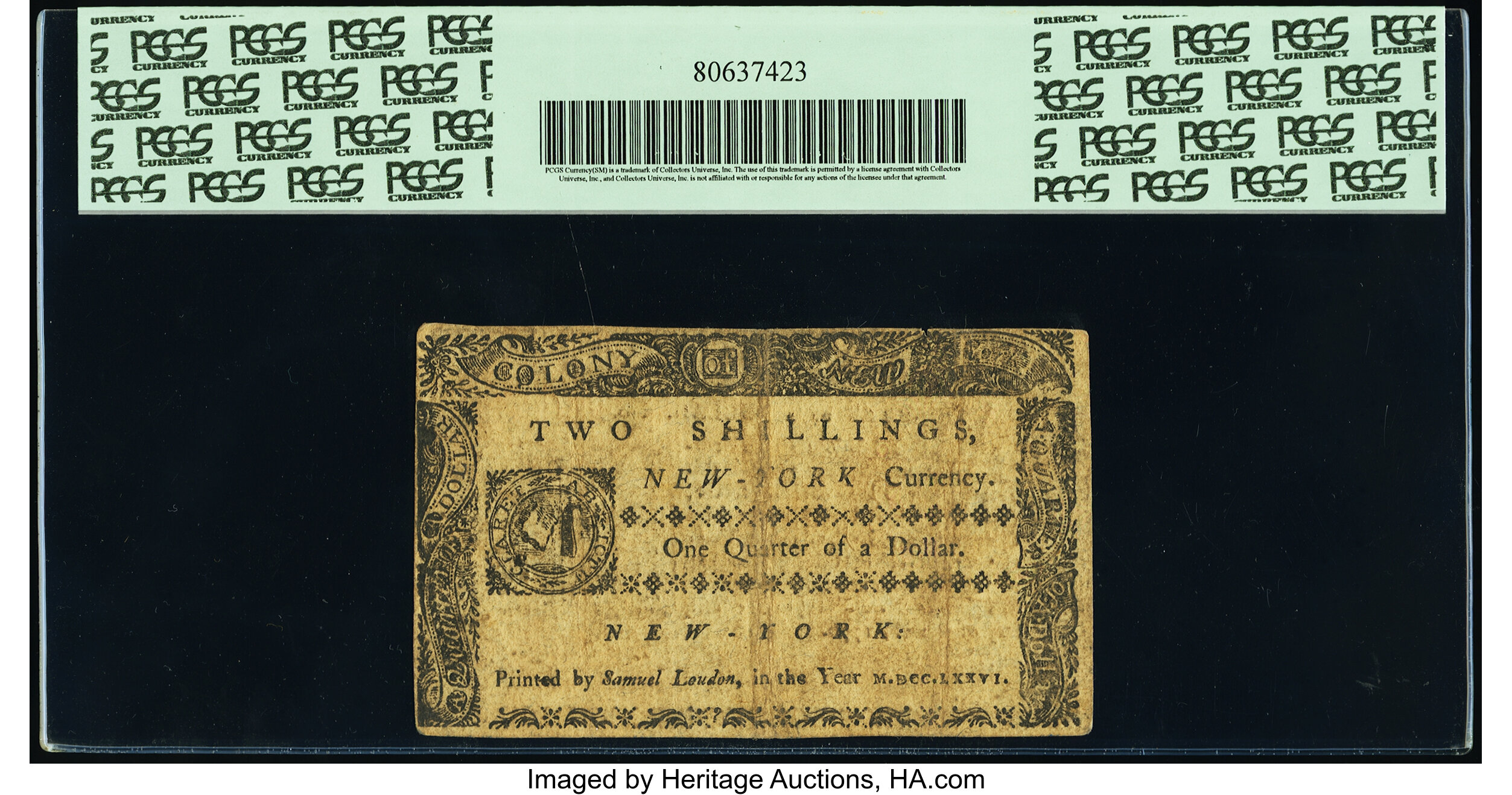 image for: New York March 5, 1776 $1/4 PCGS Very Fine 25....