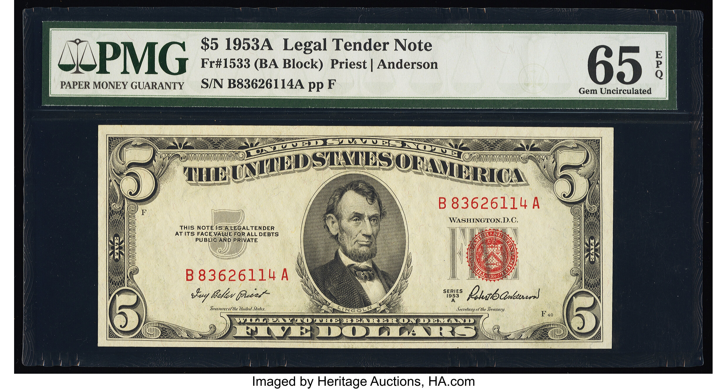 image for: Fr. 1533 $5 1953A Legal Tender Note. PMG Gem Uncirculated 65 EPQ....