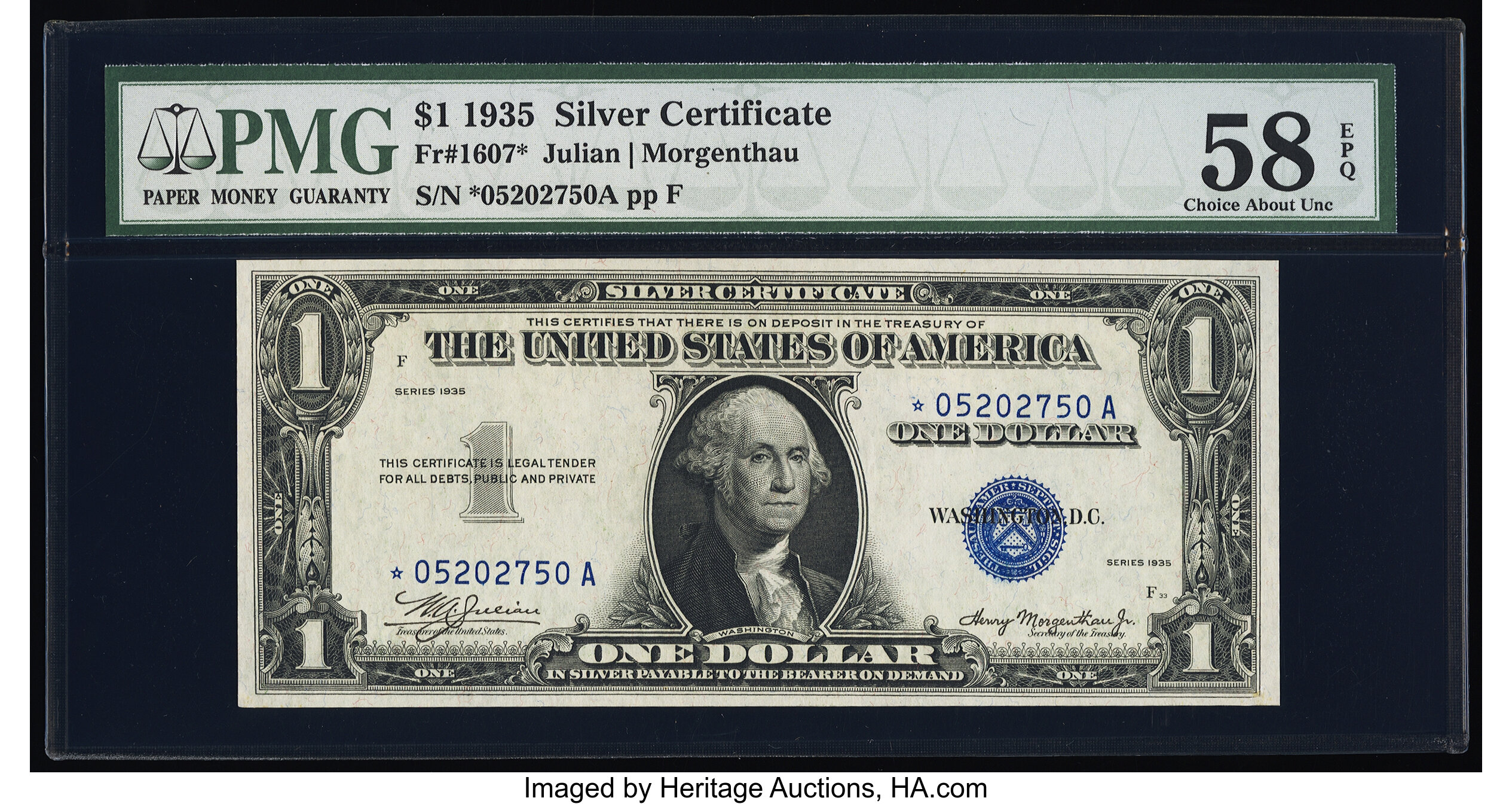 image for: Fr. 1607* $1 1935 Silver Certificate Star. PMG Choice About Unc 58 EPQ....