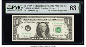 image for: Fifty Million Serial Number Fr. 1901-C $1 1963A Federal Reserve Note. PMG Choice Uncirculated 63 EPQ....