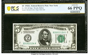 image for: Fr. 1951-B $5 1928A Federal Reserve Note. PCGS Banknote Gem Unc 66 PPQ....