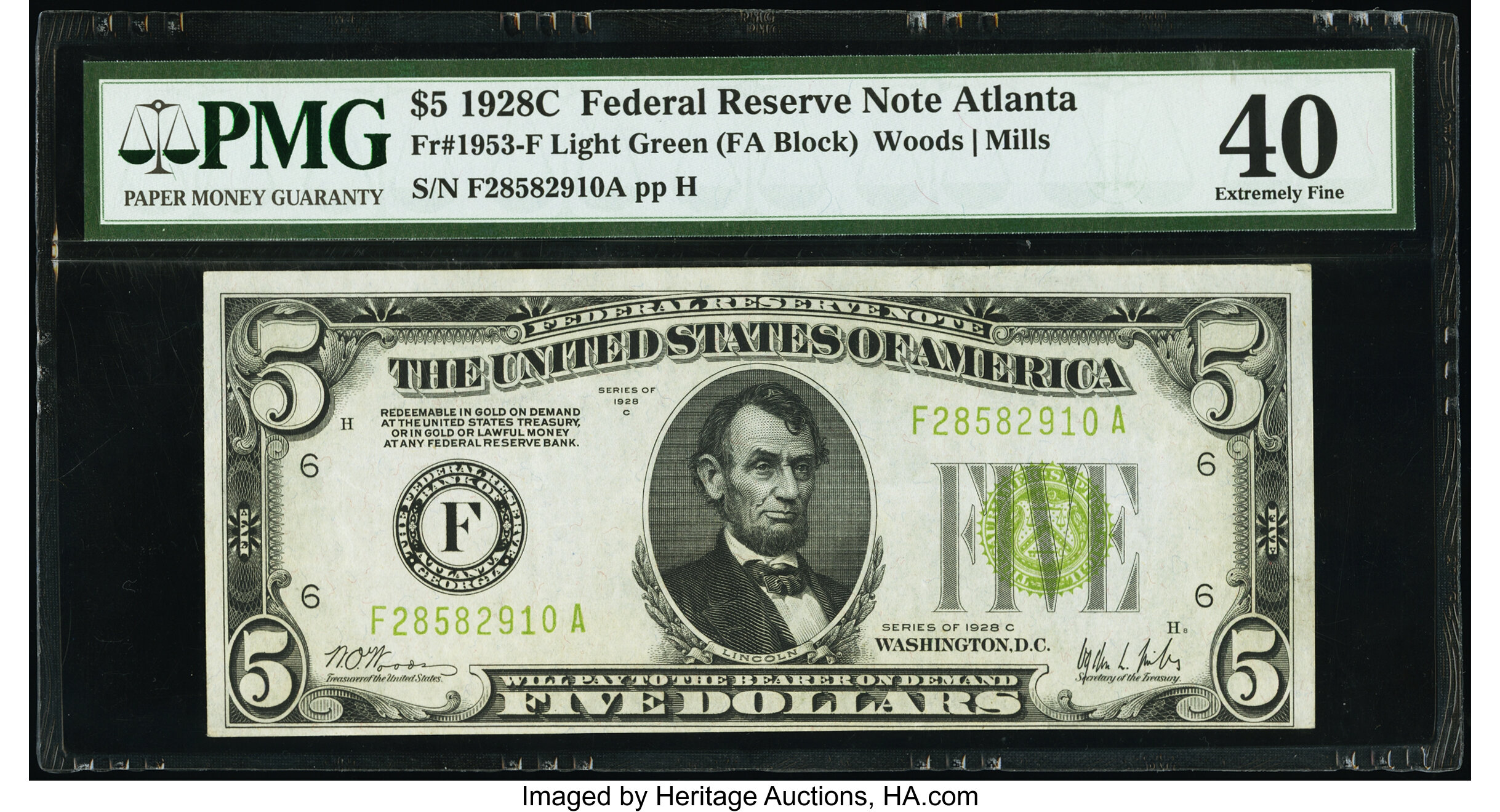 image for: Fr. 1953-F $5 1928C Federal Reserve Note. PMG Extremely Fine 40....