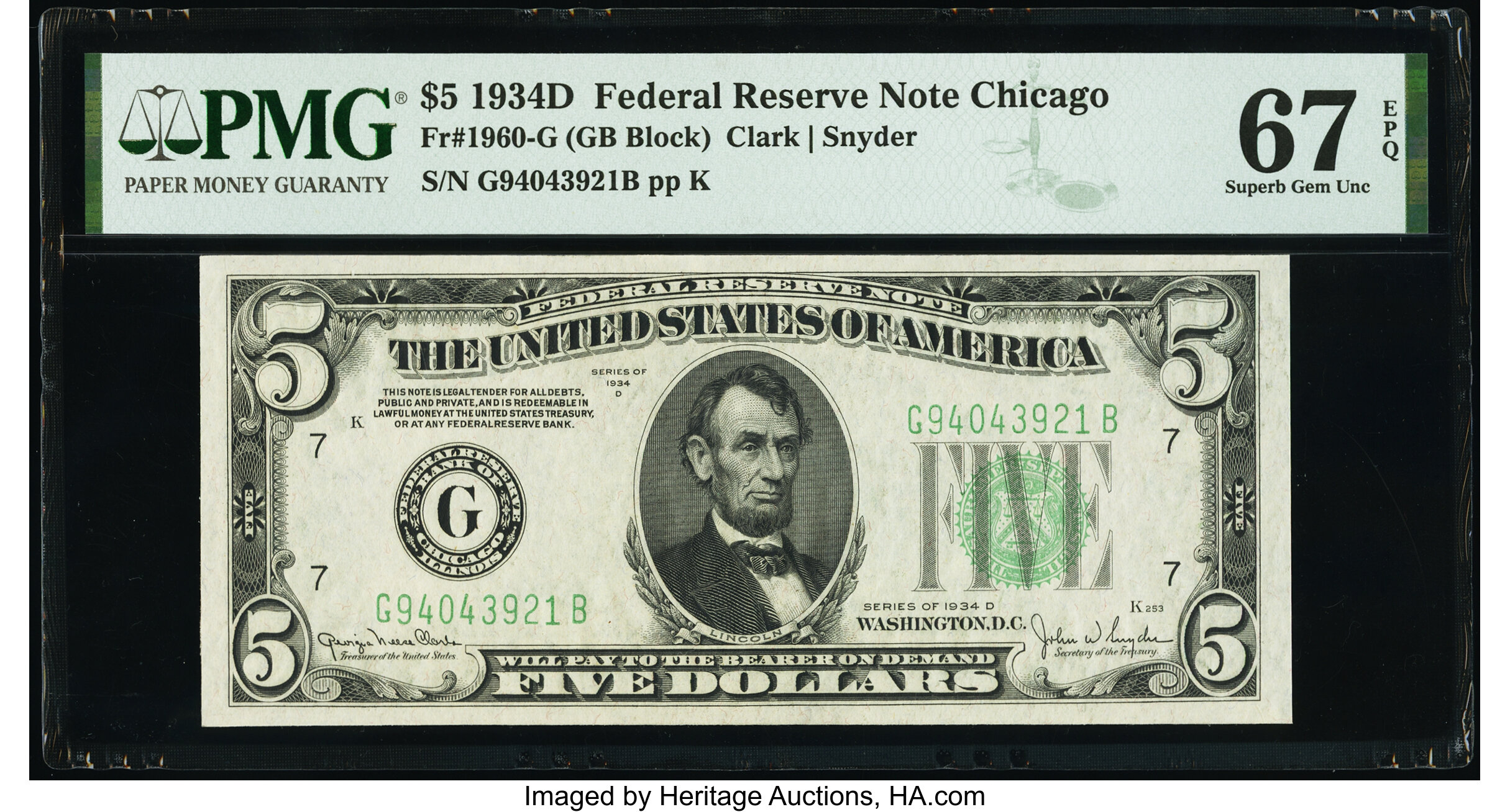 image for: Fr. 1960-G $5 1934D Federal Reserve Note. PMG Superb Gem Unc 67 EPQ....