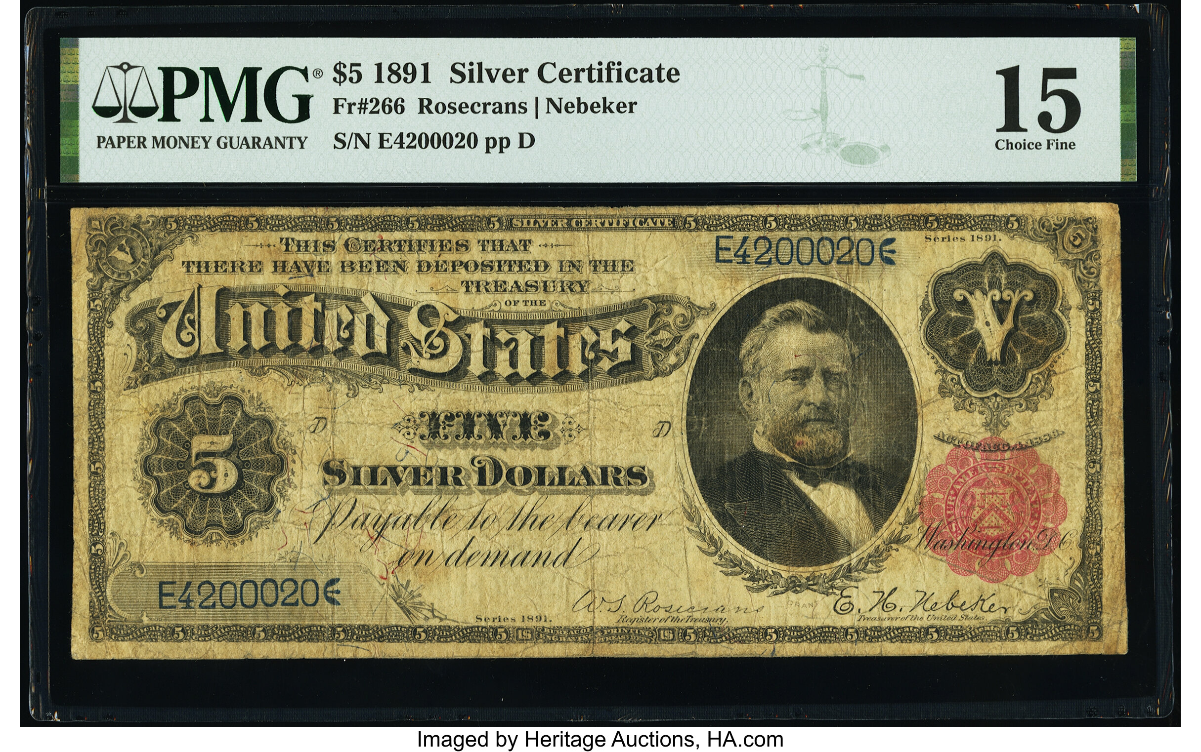 image for: Fr. 266 $5 1891 Silver Certificate PMG Choice Fine 15....