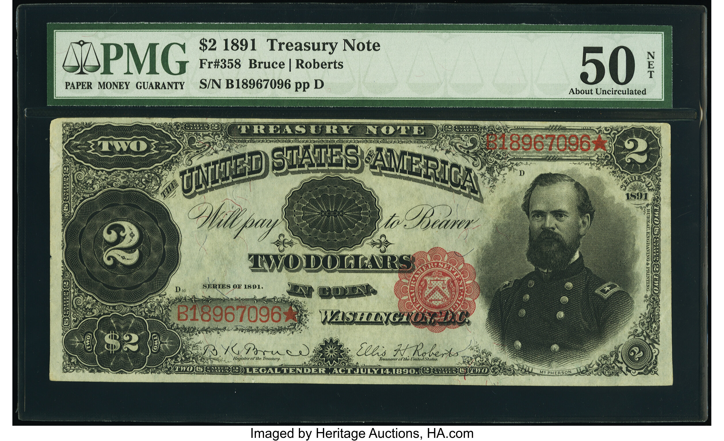 image for: Fr. 358 $2 1891 Treasury Note PMG About Uncirculated 50 Net....
