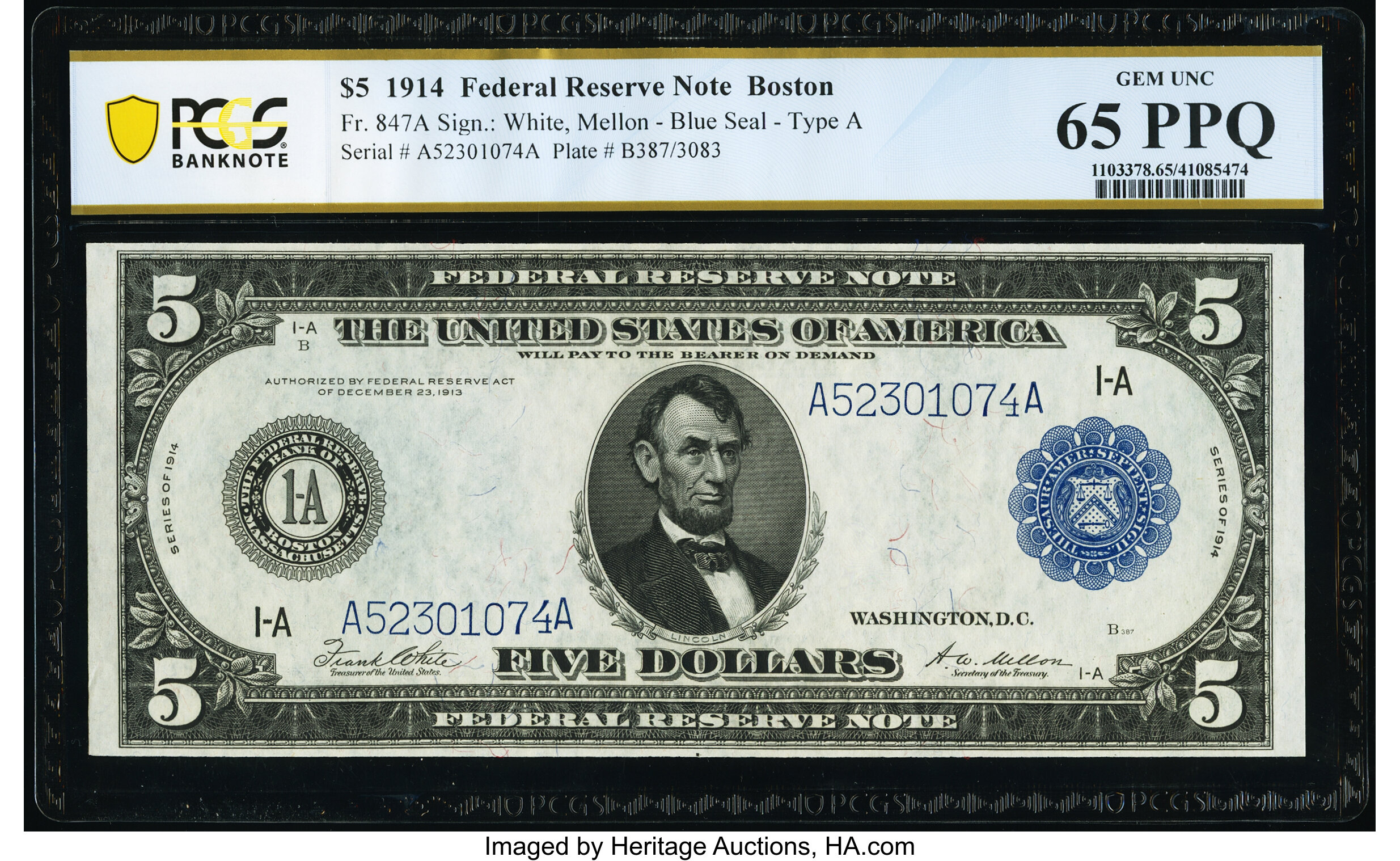 image for: Fr. 847a $5 1914 Federal Reserve Note PCGS Banknote Gem Unc 65 PPQ....