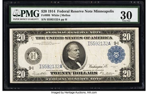 image for: Fr. 999 $20 1914 Federal Reserve Note PMG Very Fine 30....