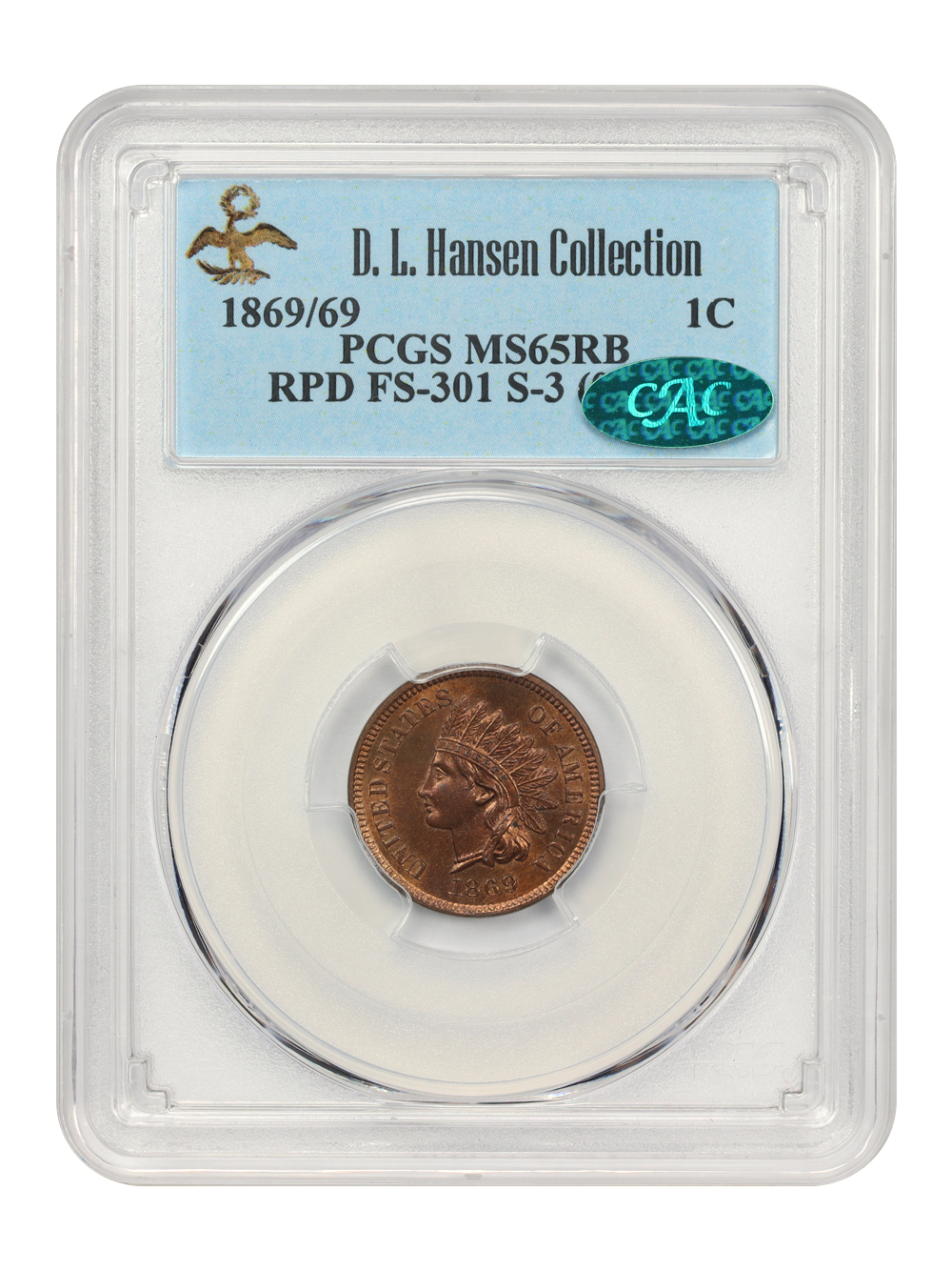 image for: 1869/9 1c PCGS/CAC MS65 RB (RPD  FS-301  S-3) ex: D.L. Hansen