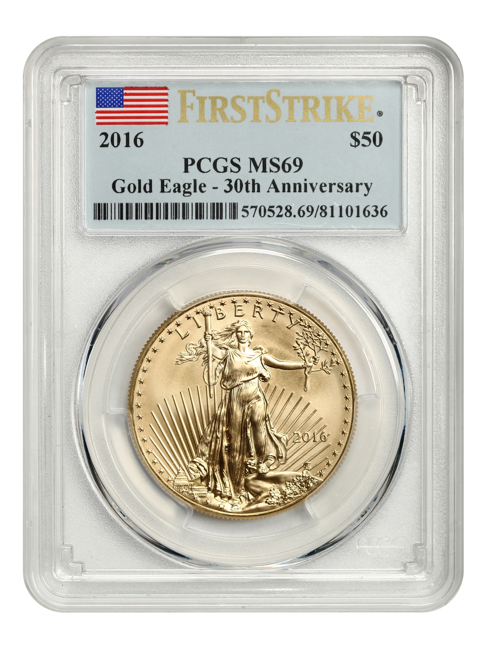 image for: 2016 Gold Eagle $50 PCGS MS69 (First Strike  30th Anniversary)
