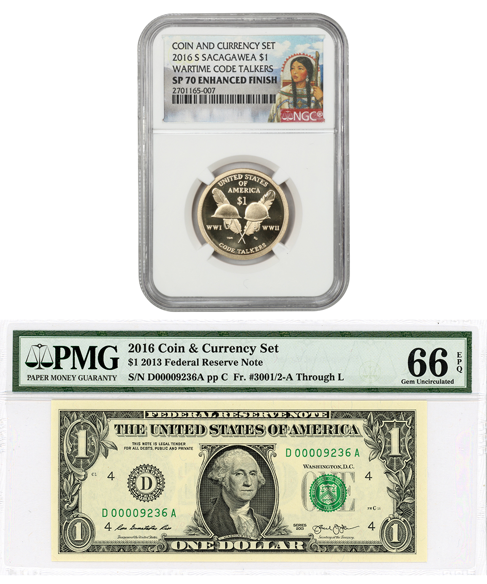 image for: 2016 Coin and Currency Set: NGC/PMG SP70/MS66EPQ Enhanced Finish (Wartime Code Talkers)