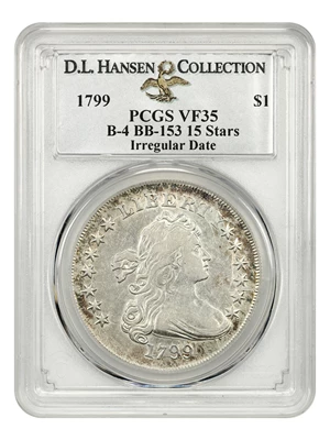 image for: 1799 $1 PCGS VF35 (Irregular Date 15 Stars) ex: D.L. Hansen