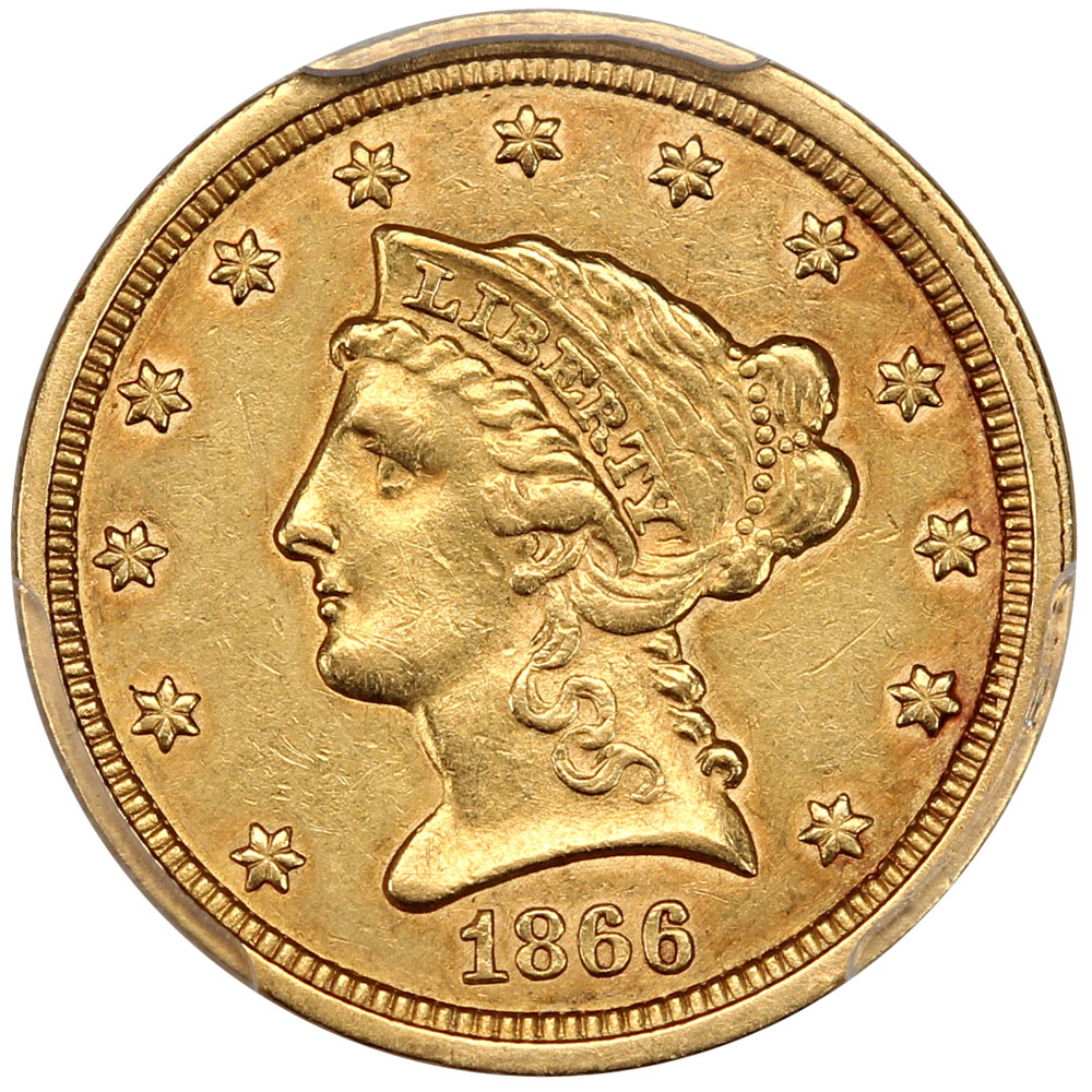 image for: 1866 $2 1/2 PCGS AU55 ex: D.L. Hansen