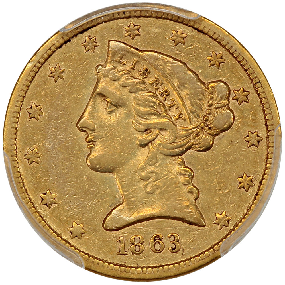 image for: 1863-S $5 PCGS XF40 ex: D.L. Hansen