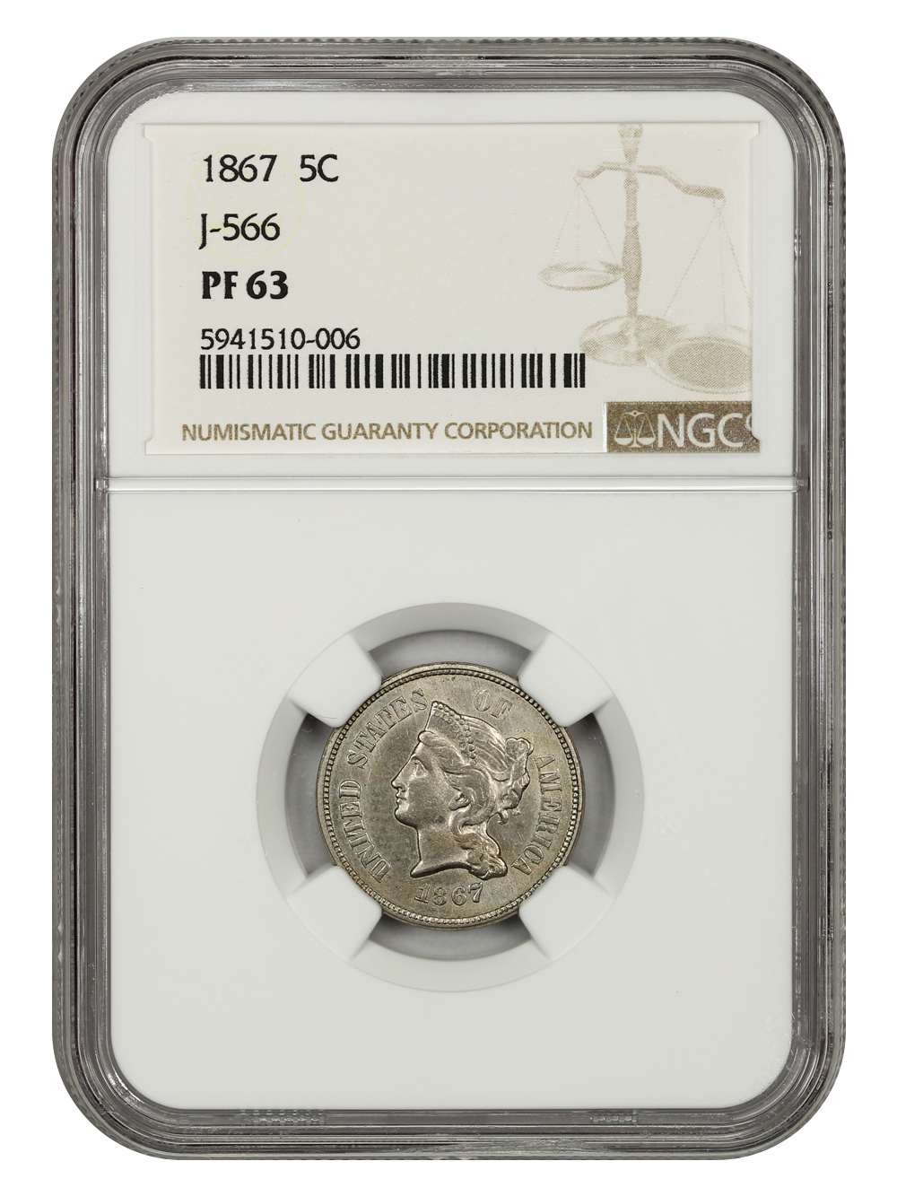 image for: 1867 J-566 P5c NGC Proof 63