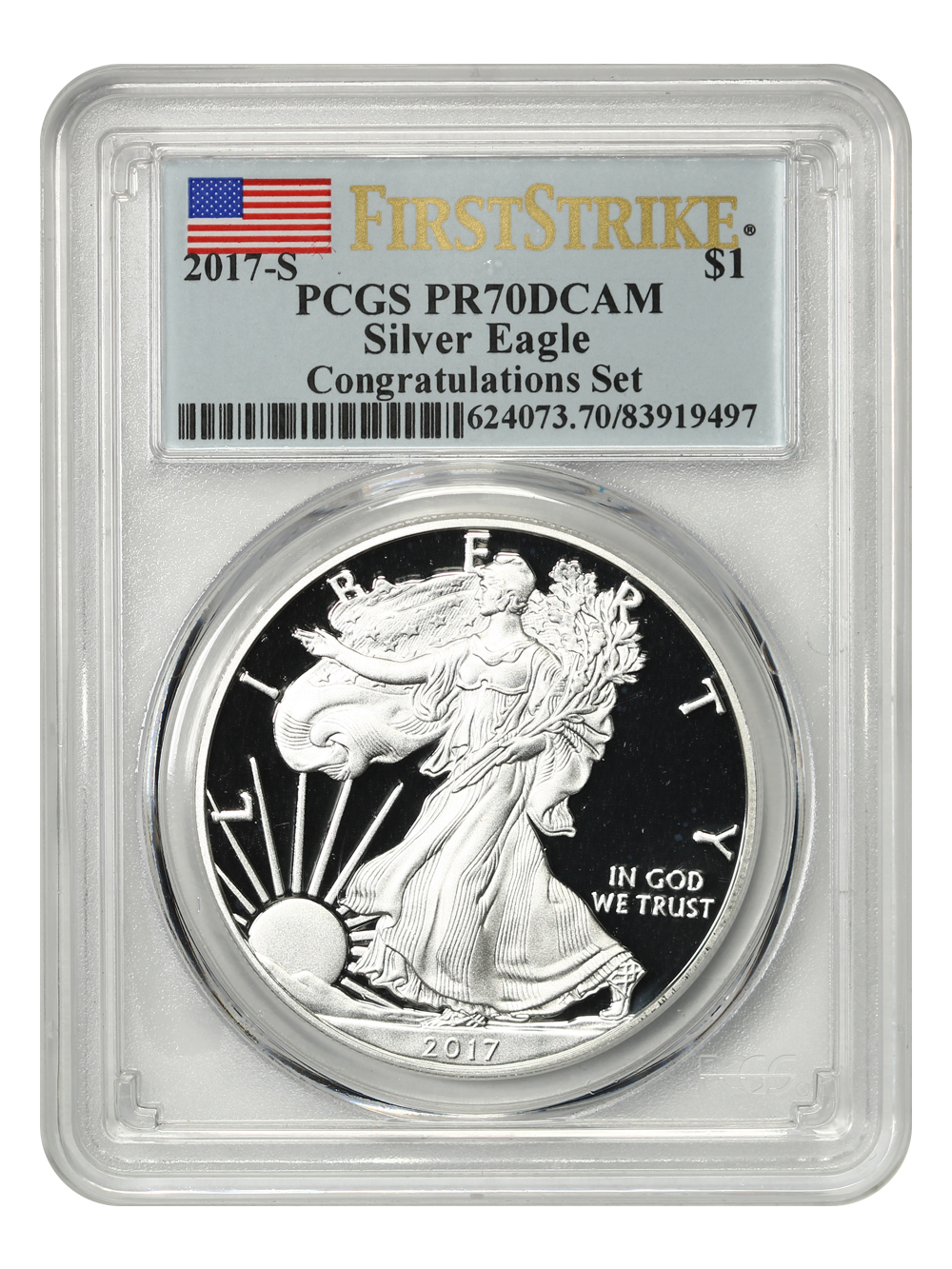 image for: 2017-S Silver Eagle $1 PCGS PR70 DCAM (First Strike  Congratulations Set)