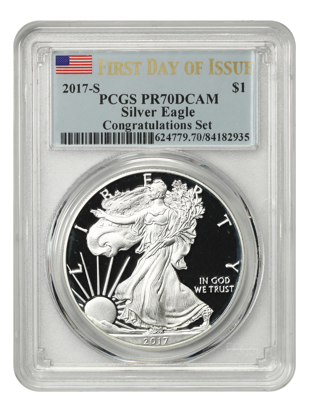 image for: 2017-S Silver Eagle $1 PCGS PR70 DCAM (First Day of Issue  Congratulations Set)