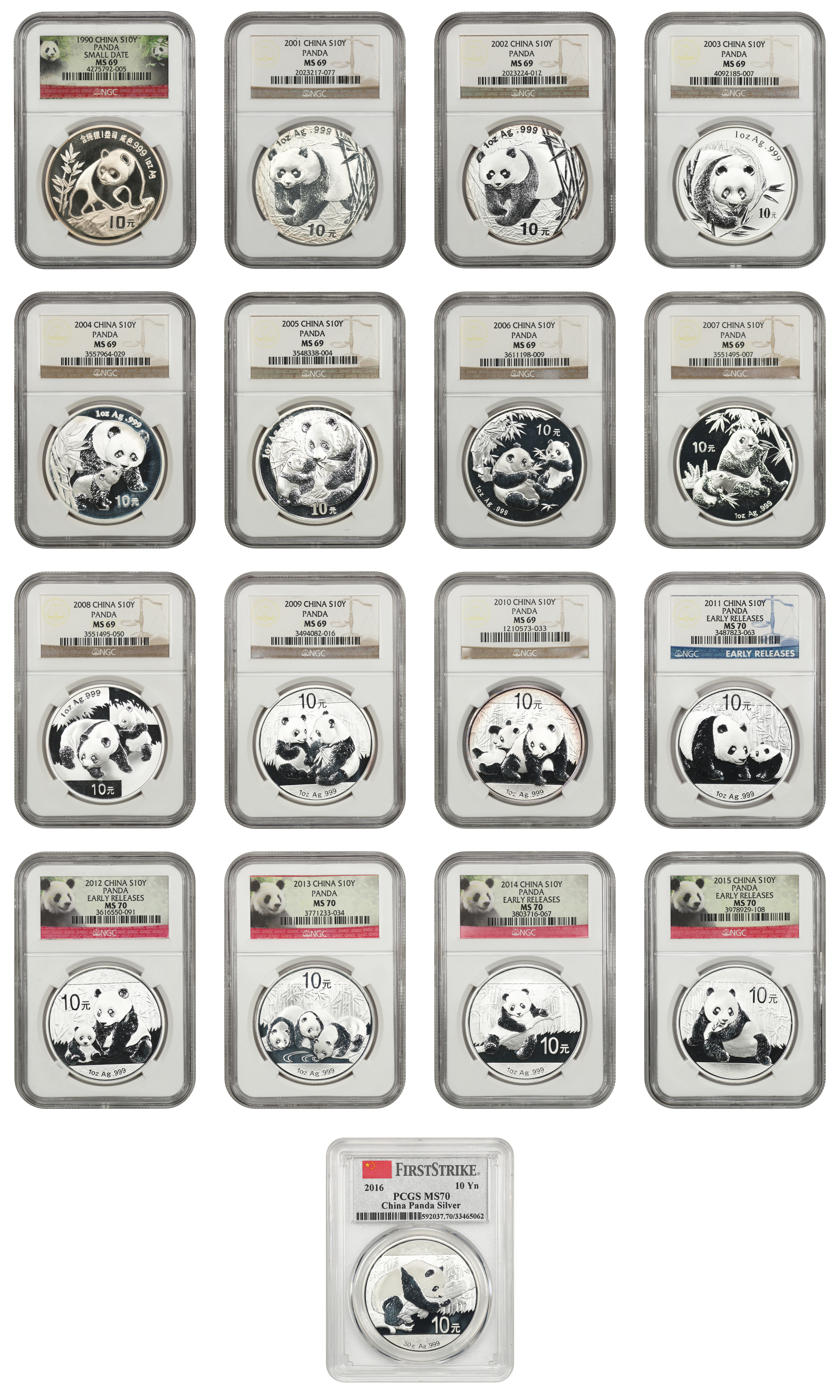 1990 S10Y 1oz Silver, Panda, Small Date MS (PAN136A) MS66 thumbnail 3