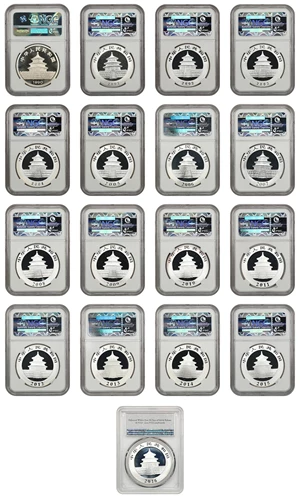 image for: Lot of China Silver Pandas S10Y 1990 2001-2016: (16) NGC (1) PCGS MS69-MS70 (17 Coins Total)
