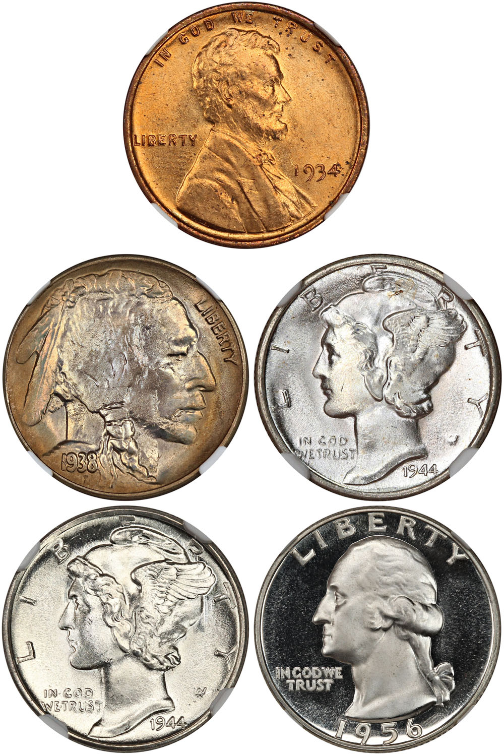 Assorted Coin Lot: 1934-1956: All NGC 1c 5c 10c 25c (5 Coins Total)