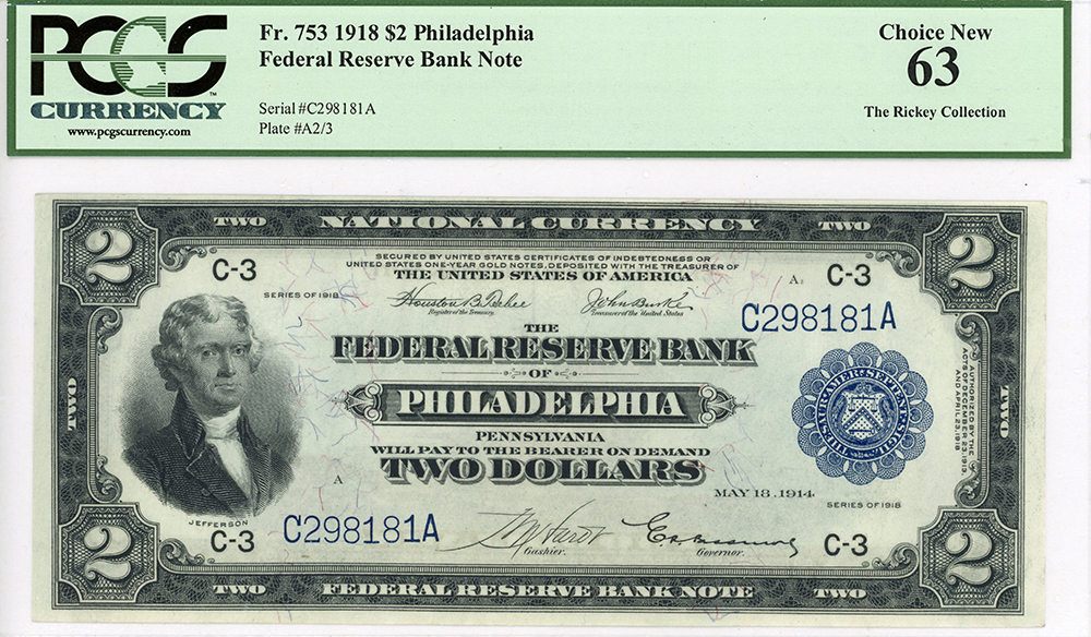 image for: FR. 753 1918 $2  Philadelphia Legal Tender PCGS Choice New 63 (The Rickey Collection)