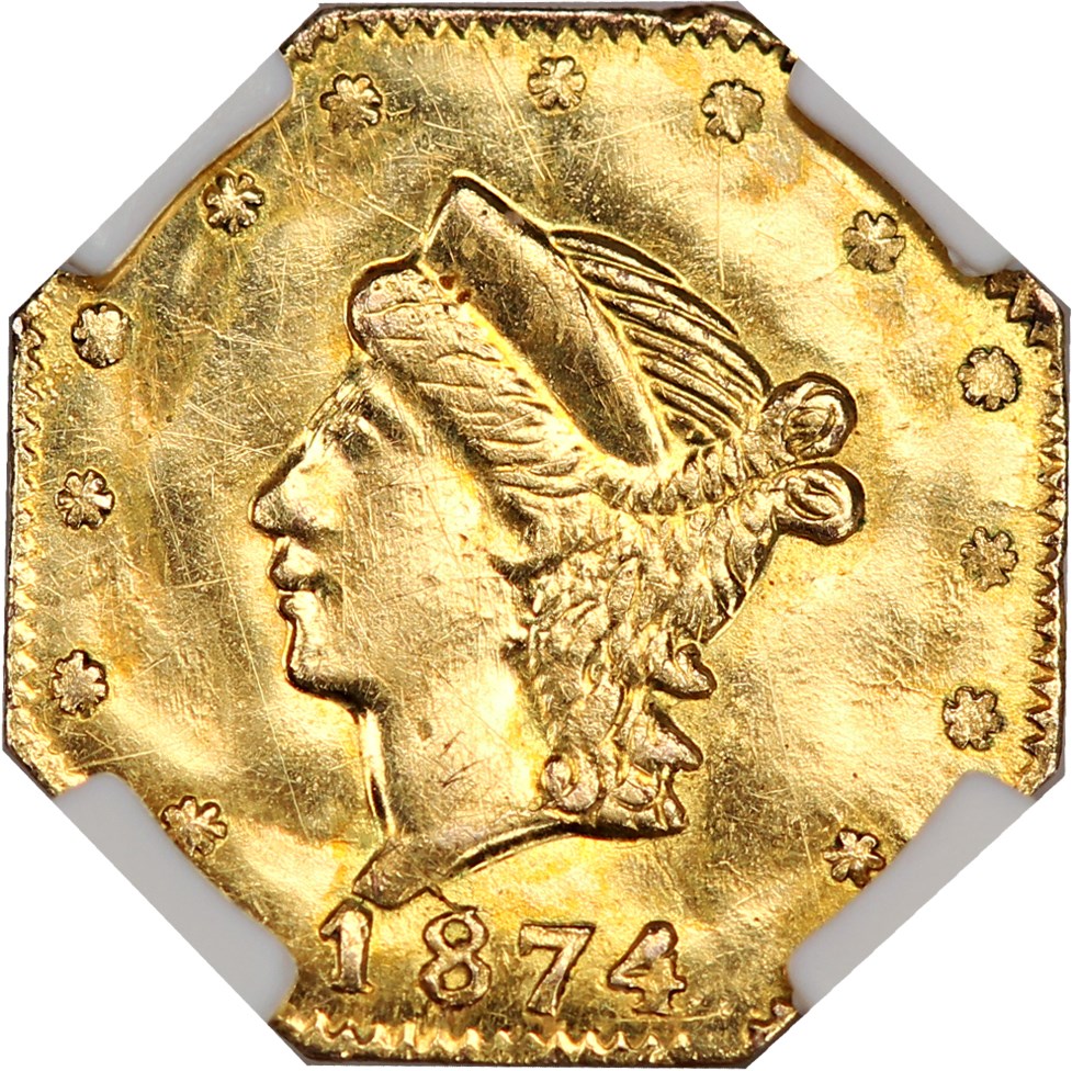 image for: 1874 Cal. Gold 25c NGC MS62 (BG-775)