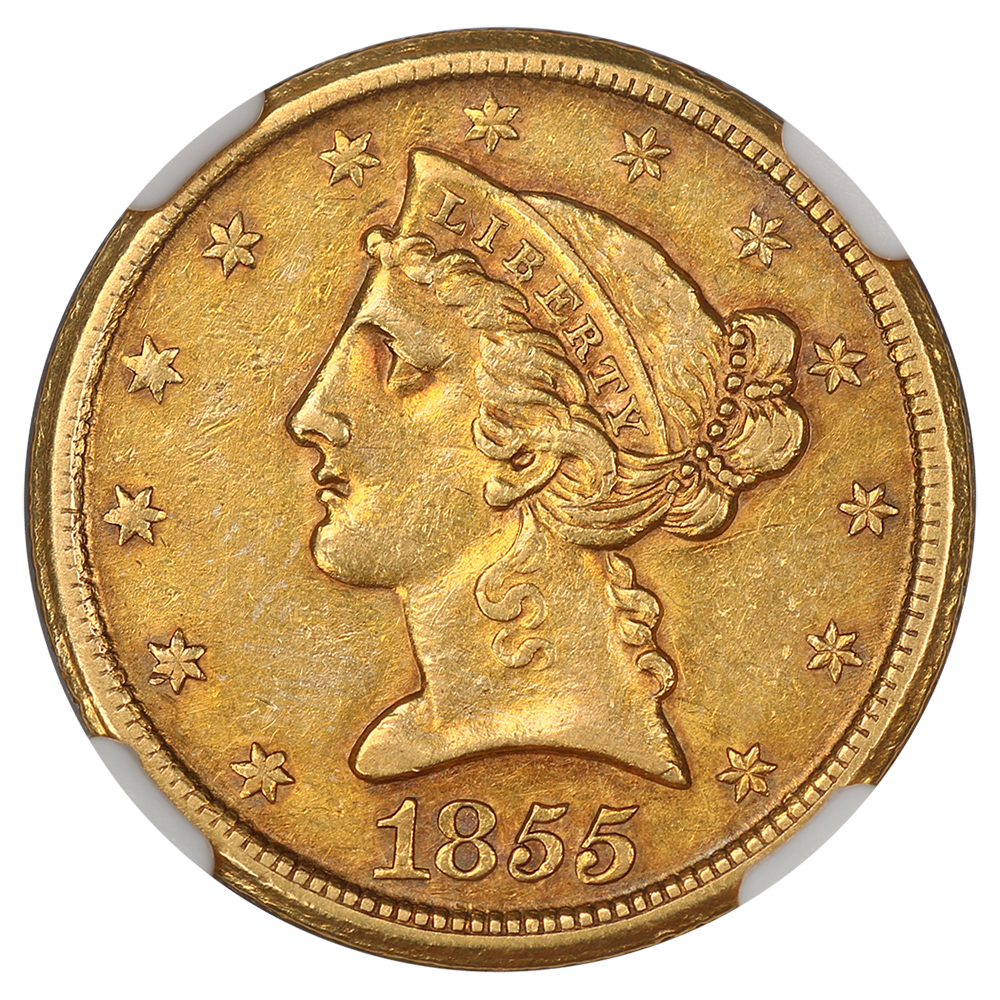 image for: 1855-D $5 NGC/CAC AU55 (Medium D)