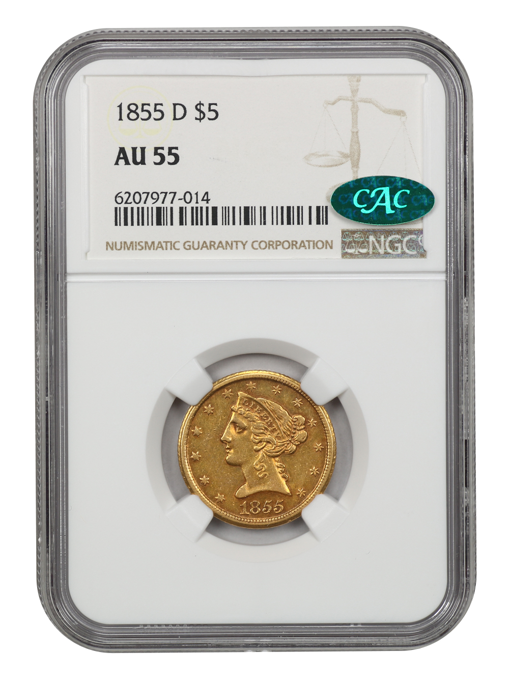 image for: 1855-D $5 NGC/CAC AU55 (Medium D)