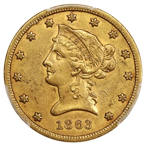 image for: 1863-S $10 PCGS/CAC AU53