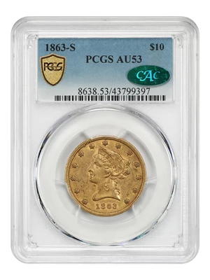 image for: 1863-S $10 PCGS/CAC AU53