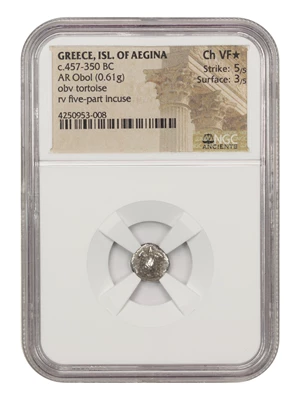 image for: Ancient Greek: 457-350 BC Isle of Aegina AR Obol NGC Ch. VF30 *Star*