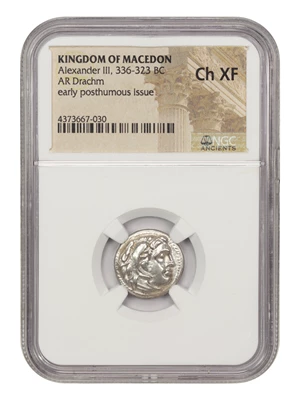 image for: Ancient Greek: 336-323 BC Kingdom of Macedon AR Drachm NGC Ch. XF45 Alexander III