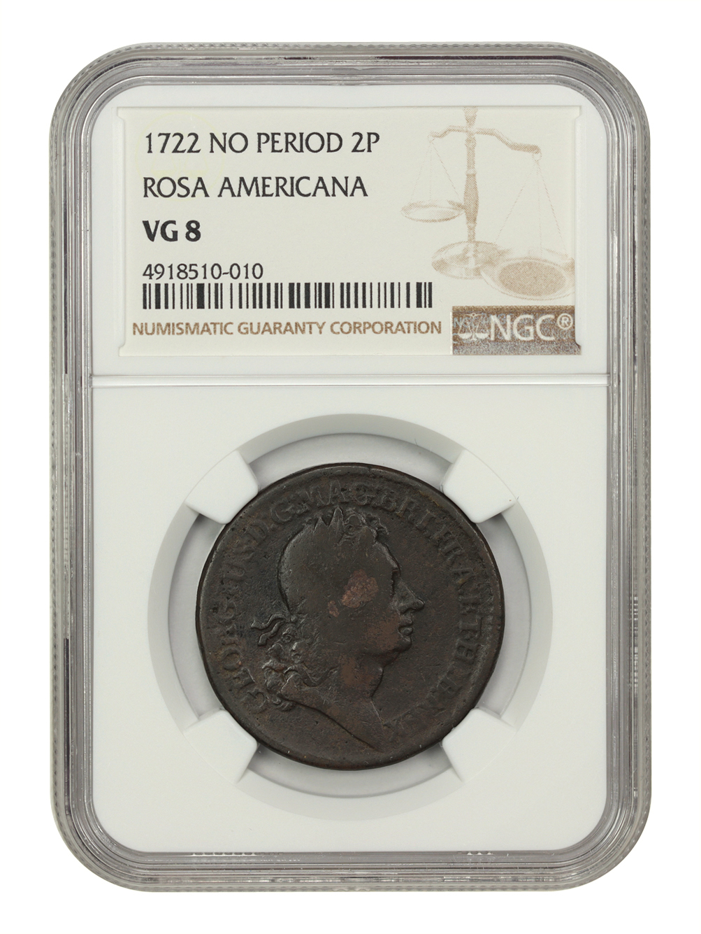 image for: 1722 Rosa Americana 2 Pence NGC VG-08 (No Period)