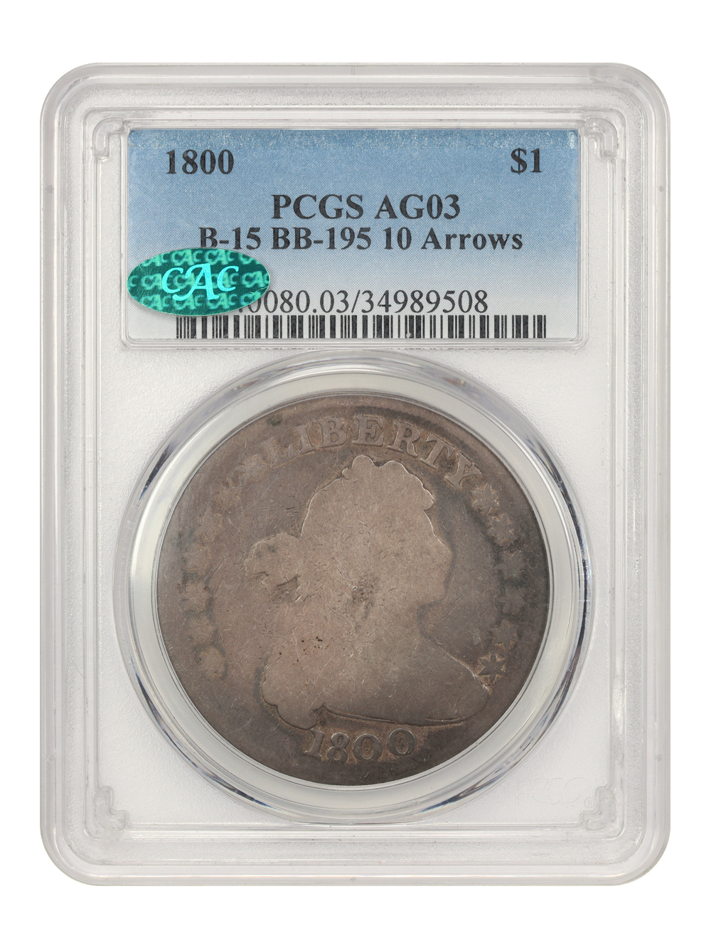 image for: 1800 $1 PCGS/CAC AG-03 (B-15  BB-195  10 Arrows)