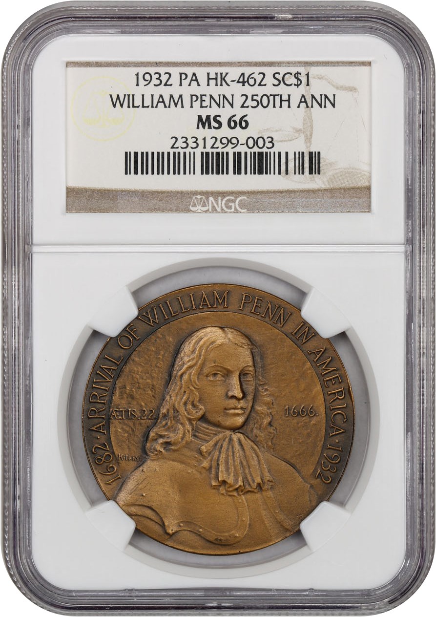 image for: 1932 William Penn  Bronze SC$1 NGC MS66 (HK-462)