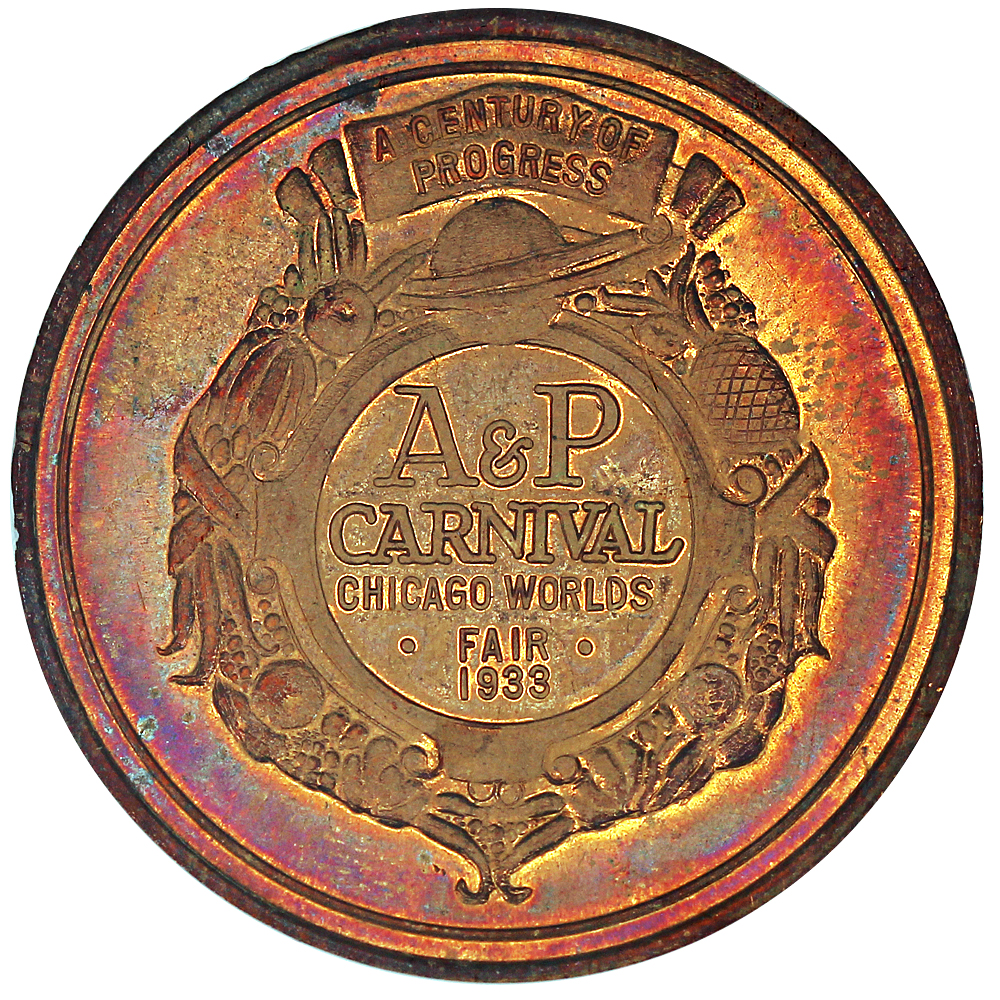 image for: 1933 Century Progress Expo  A&P Carnival  Pig rev  Gilt SC$1 NGC MS65 (HK-464)