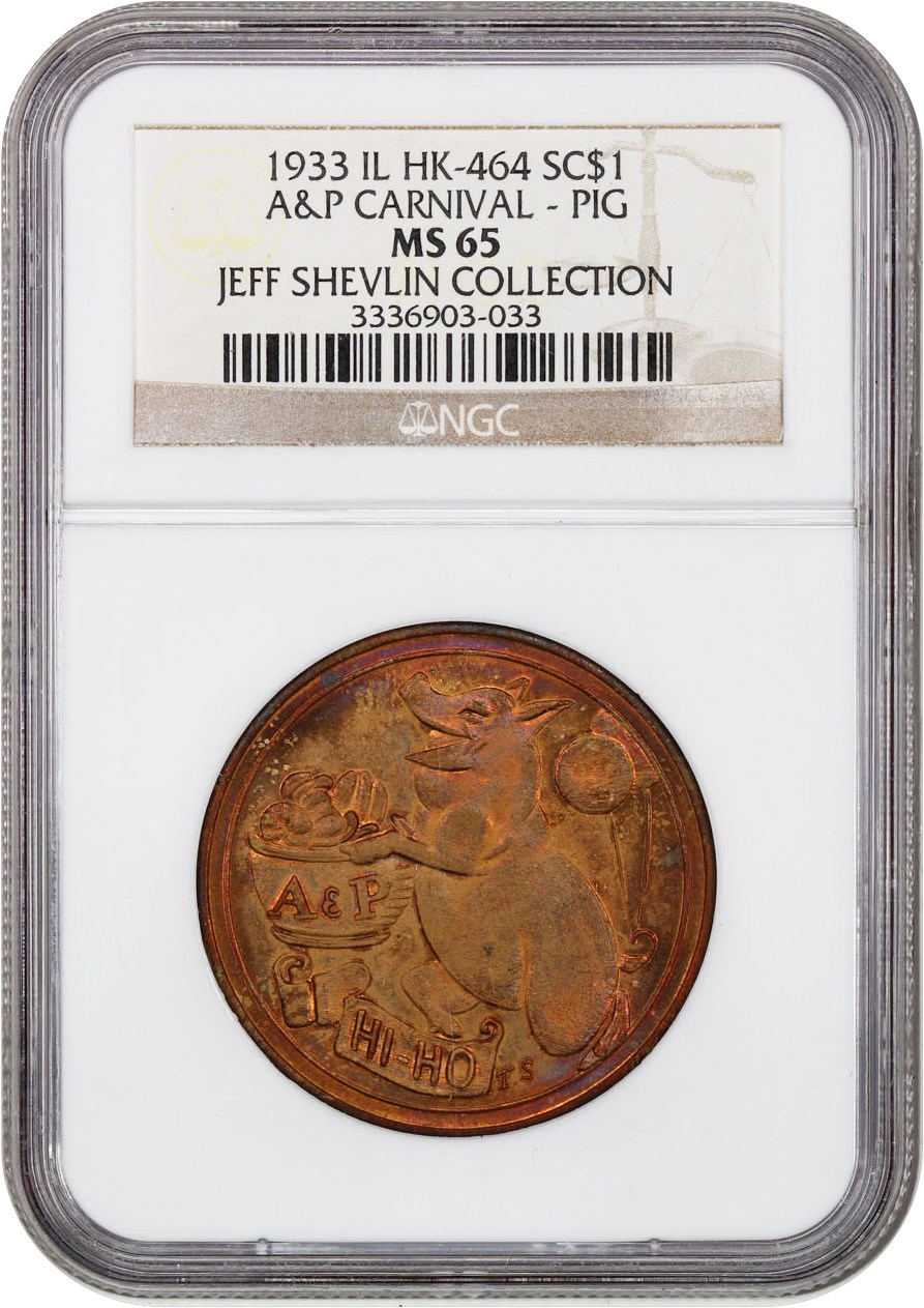 image for: 1933 Century Progress Expo  A&P Carnival  Pig rev  Gilt SC$1 NGC MS65 (HK-464)