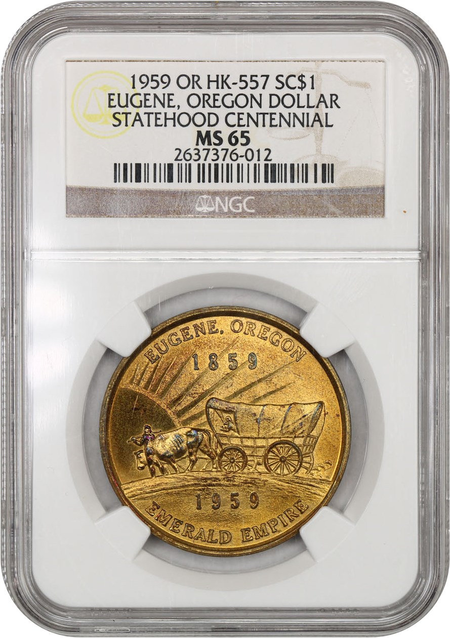 image for: 1959 Oregon Statehood  Eugene  Gilt-bronze SC$1 NGC MS65 (HK-557)