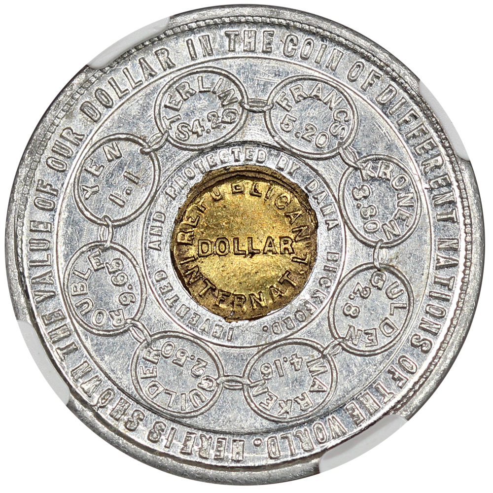 image for: 1897 Bickford  Dashes  Aluminum w/brass center SC$1 NGC MS67 (HK-835)