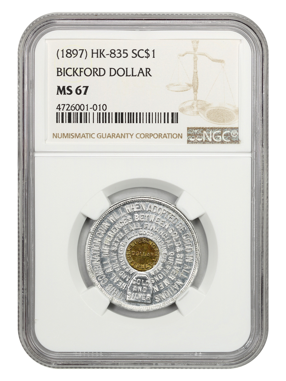 image for: 1897 Bickford  Dashes  Aluminum w/brass center SC$1 NGC MS67 (HK-835)