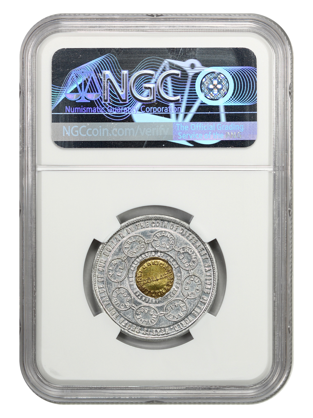 image for: 1897 Bickford  Dashes  Aluminum w/brass center SC$1 NGC MS67 (HK-835)