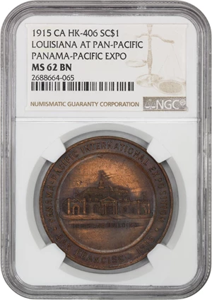 image for: 1915 Pan-Pac Expo State Seal/LA Expo rev Bronze SC$1 NGC MS62 BN (HK-406)