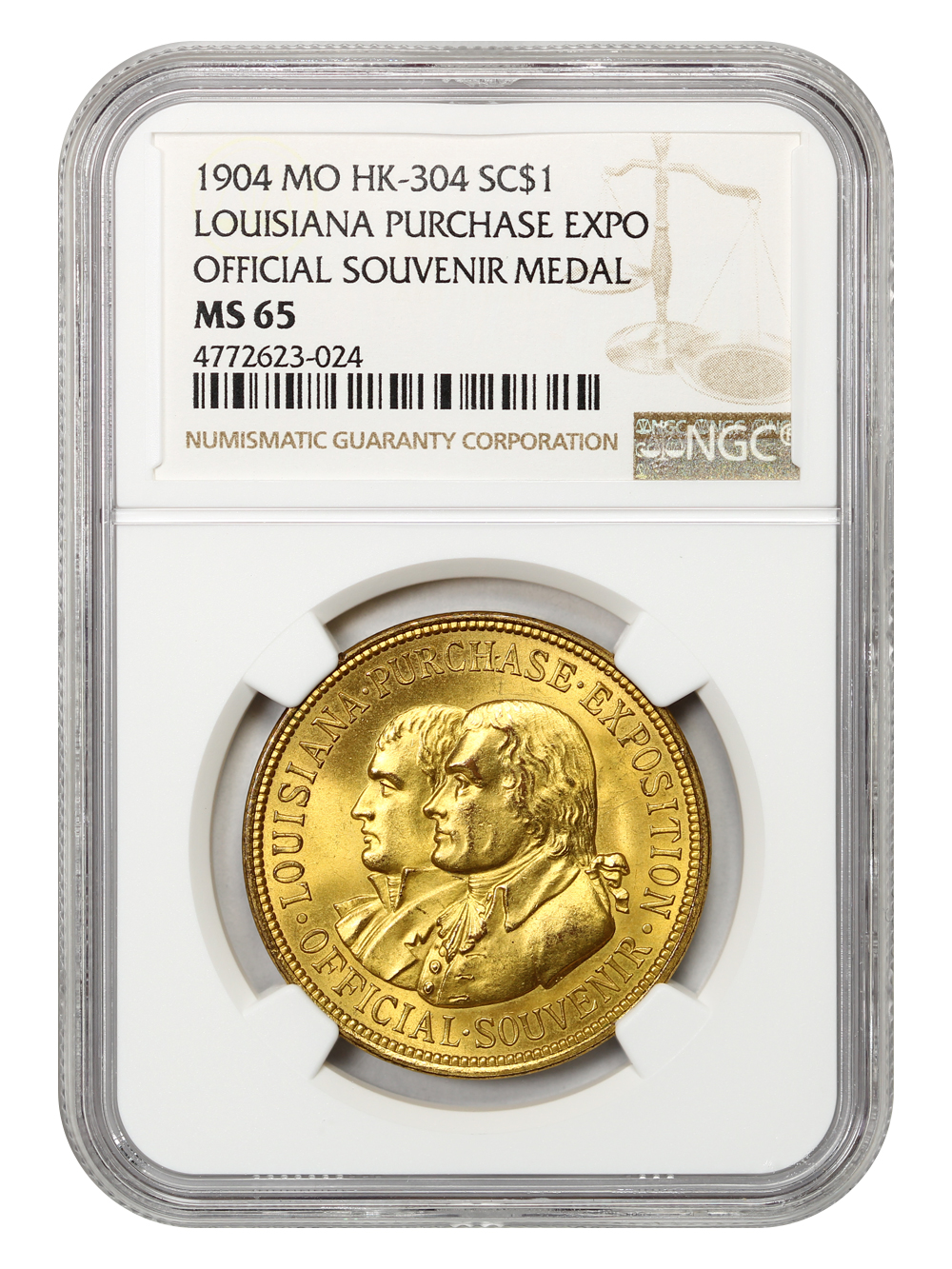 image for: 1904 LA Purchase Expo  Official  Gilt SC$1 NGC MS65 (HK-304)