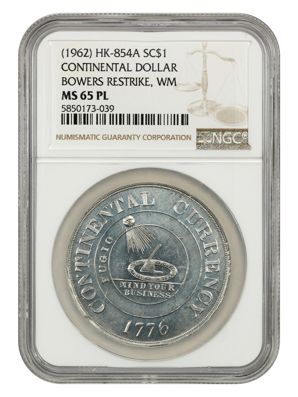 image for: 1962 (Dated 1776) Continental Dollar Restrike  White Metal SC$1 NGC MS65 PL (HK-854  Bowers Strike)