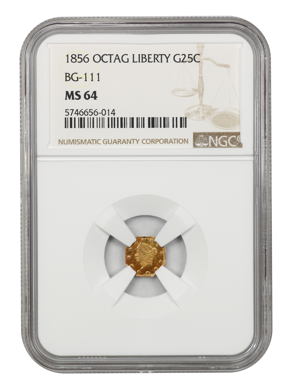 image for: 1856 Cal. Gold Octag 25c NGC MS64 (BG-111)