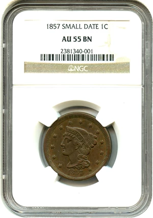image for: 1857 1c NGC AU55 BN (Small Date)