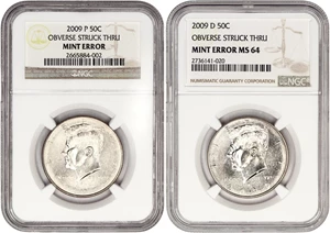 image for: Mint Errors: 2009-P & 2009-D 50c NGC MS64 (Obverse Struck Thru)