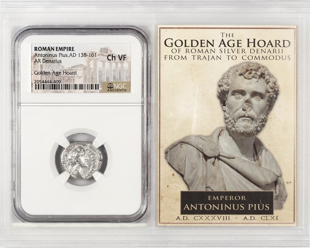 image for: AD 138-161 Roman Empire AR Denarius NGC VF Antoninus Pius ex: Golden Age Hoard