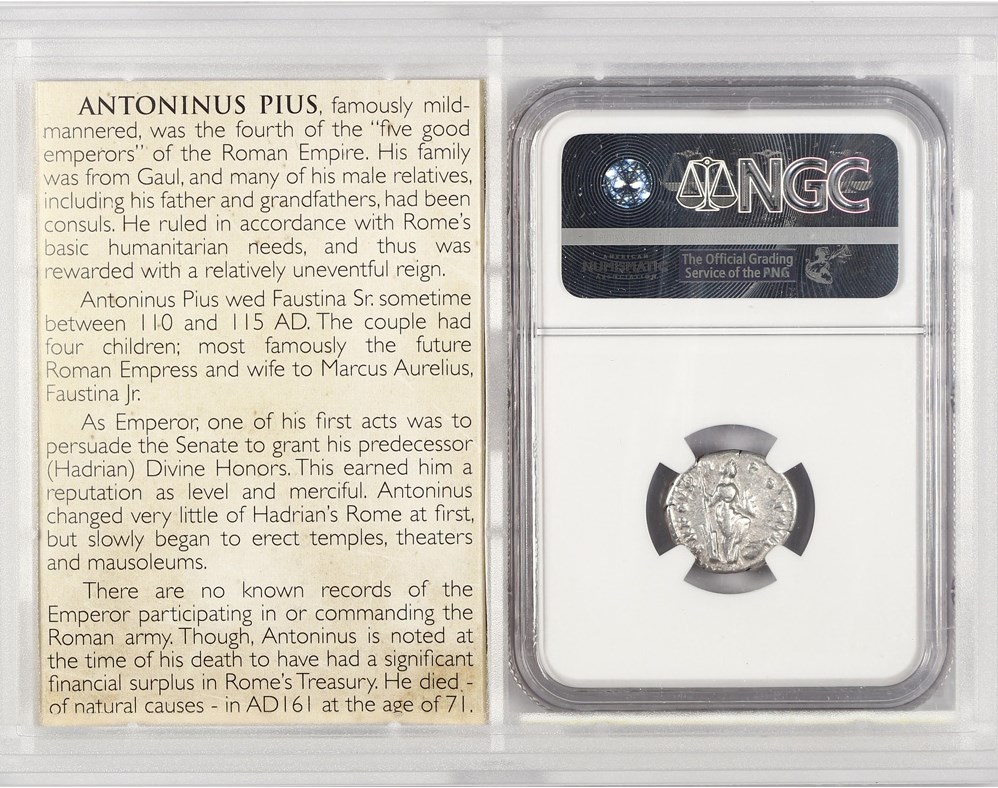 image for: AD 138-161 Roman Empire AR Denarius NGC VF Antoninus Pius ex: Golden Age Hoard