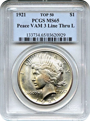 image for: Top 50 VAM: 1921 Peace $1 PCGS MS65 (VAM-3 Line Thru L)